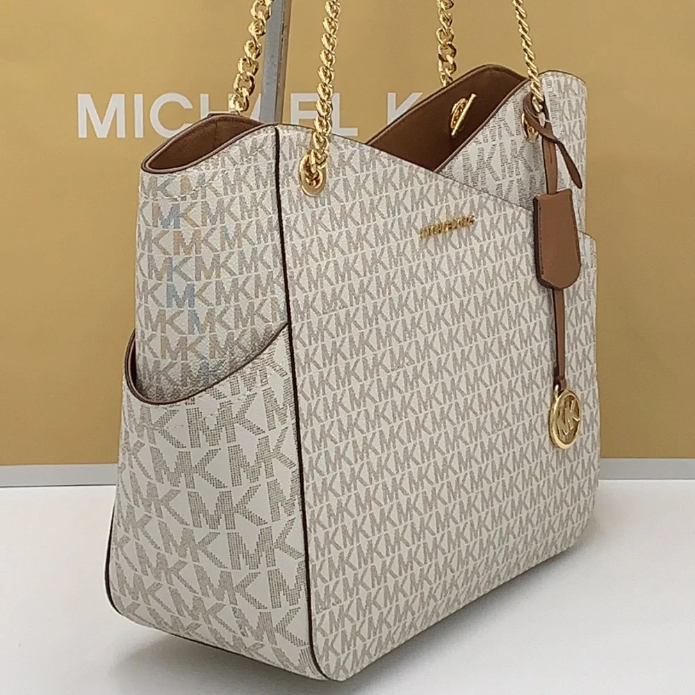 MICHAEL KORS LARGE X CHAIN SHOULDER TOTE BAG VANILLA SIGNATURE - Picture 4 of 16